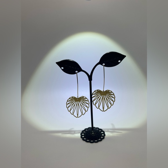 Gold Delicate Leaf Earrings - Long Minimalist Brass Earrings - Picture 6 of 11